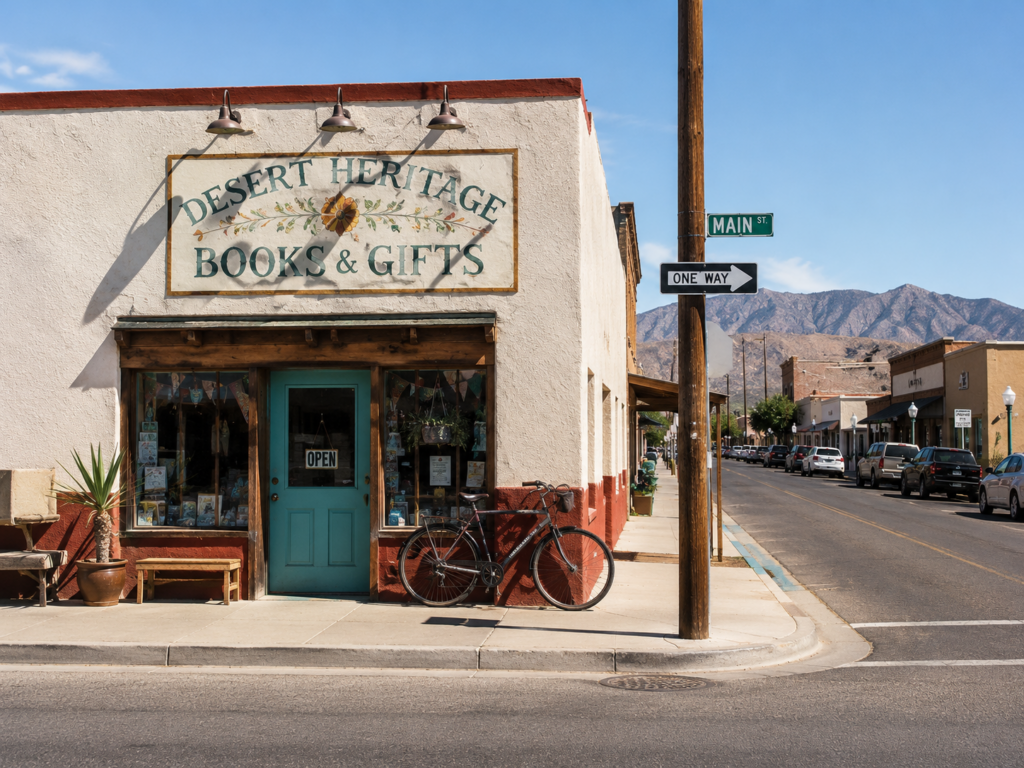 Small independent storefront on a sunlit street with a hand-painted sign and mountains at the street end