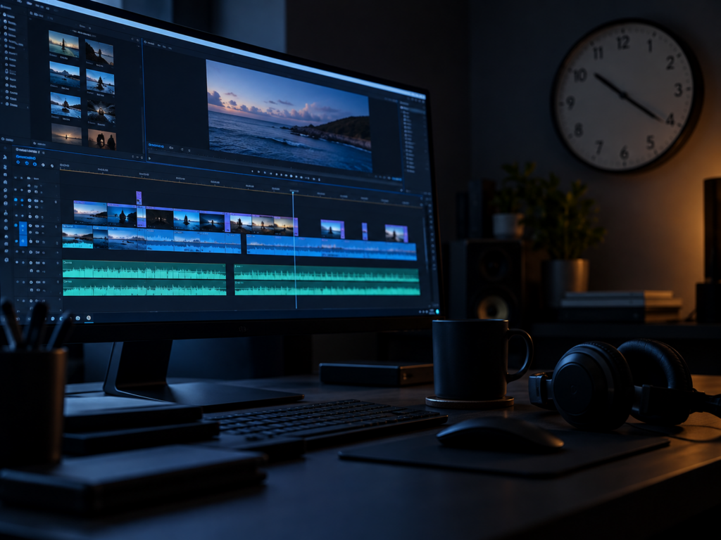 Editing timeline with stacked waveform tracks on a wide monitor in a darkened room late at night