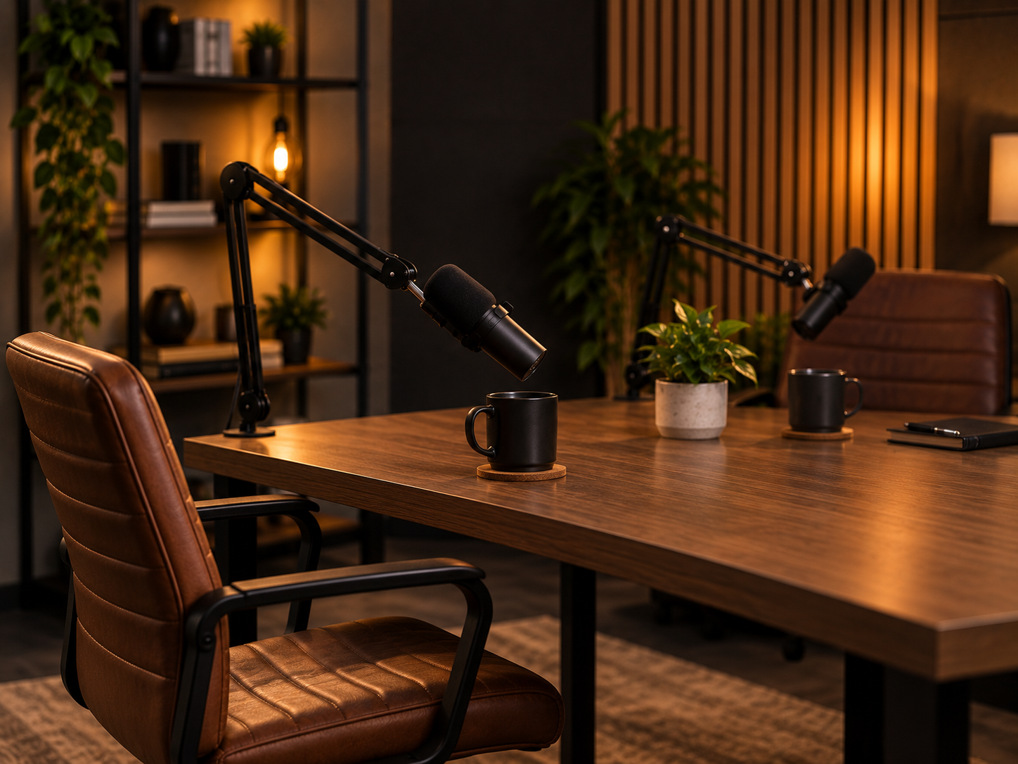 Guest chair at a podcast table with headphones on the arm and a microphone angled toward it