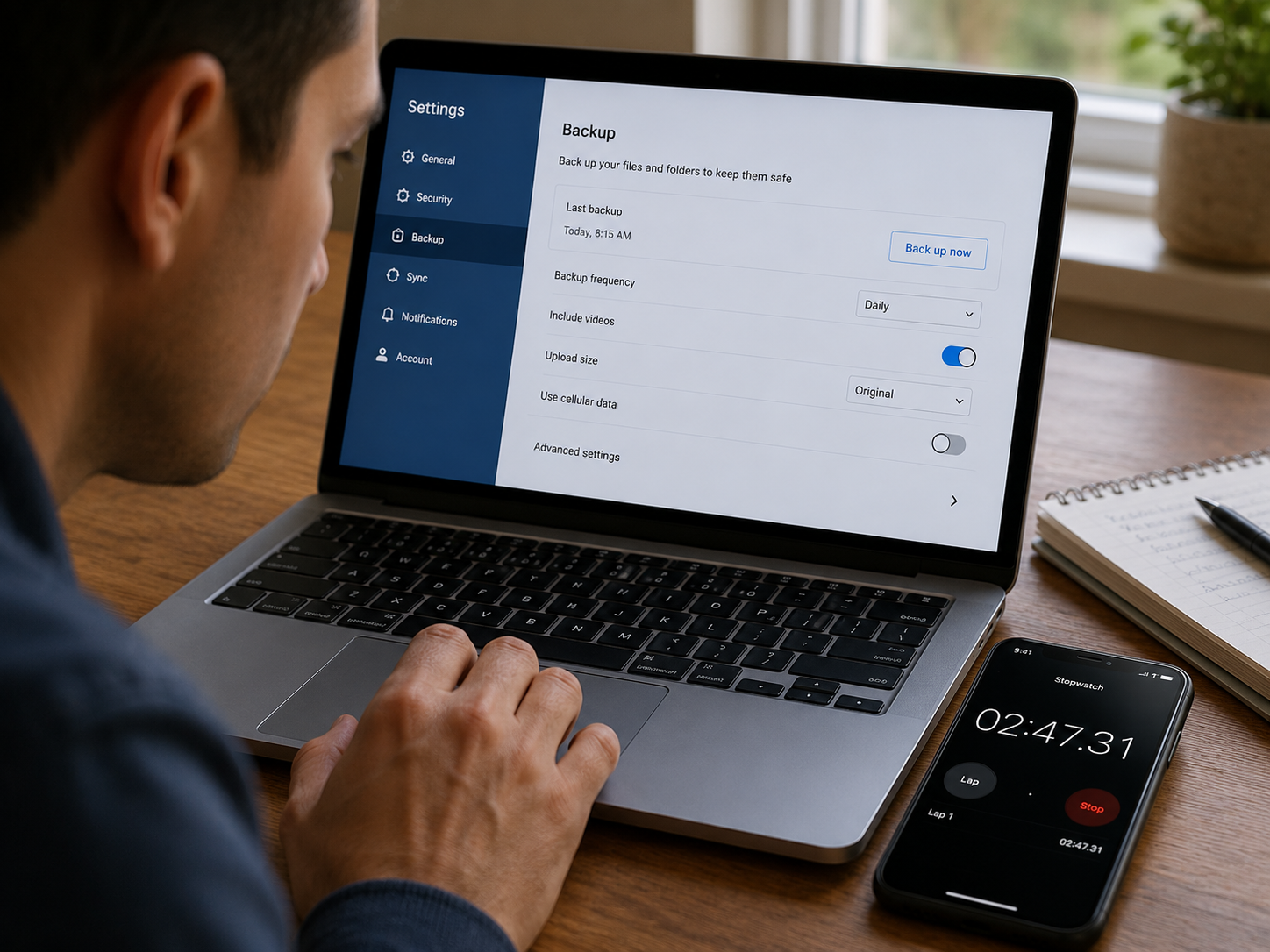 Person leaning toward a laptop settings menu with a phone stopwatch running beside the keyboard