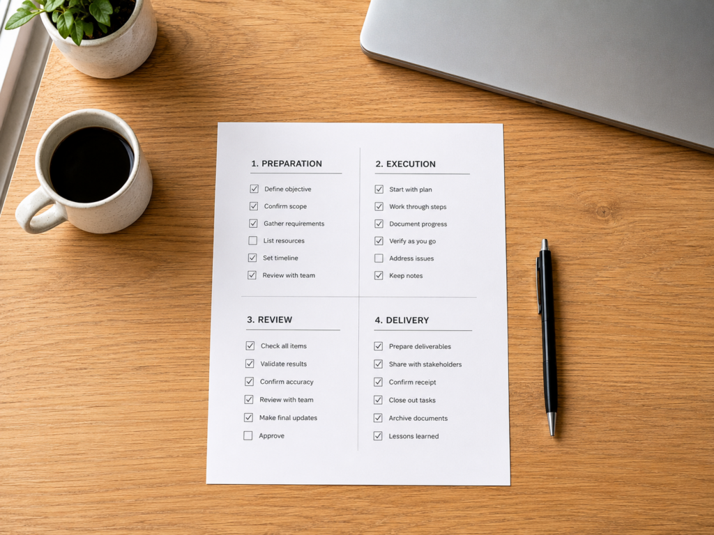 Single printed page divided into four labelled sections on a clear desk with several items ticked