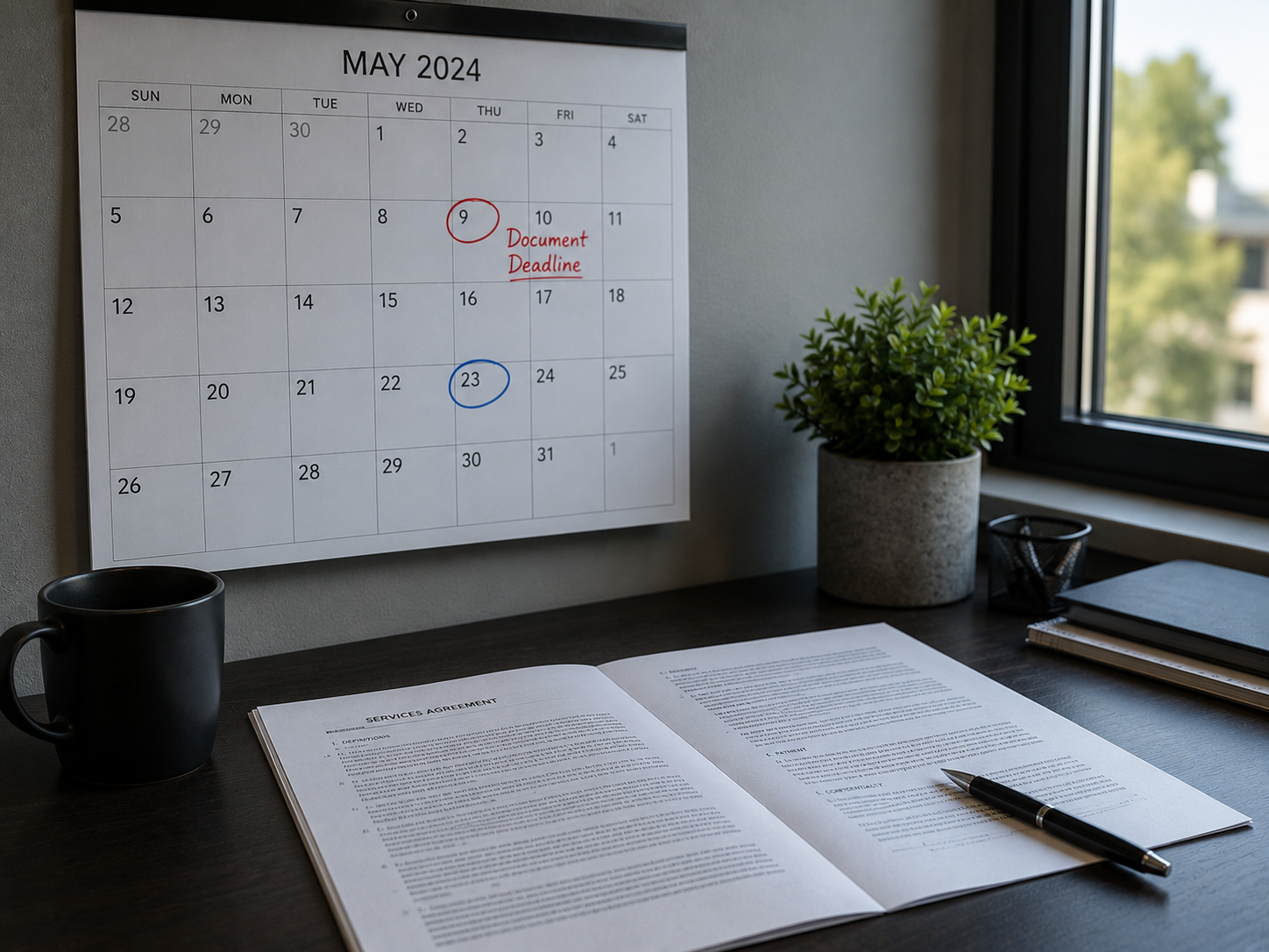 Wall calendar with two dates circled in different colours above a contract folded open on a desk