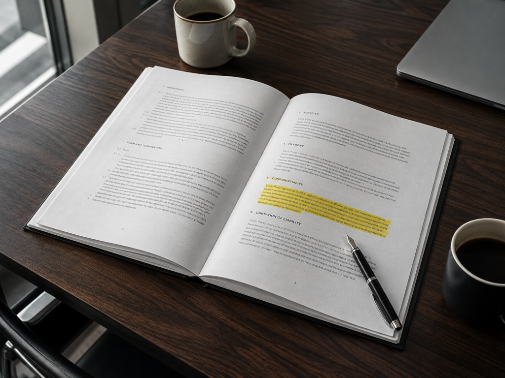 Open contract on a conference table with one paragraph highlighted and a fountain pen beside it