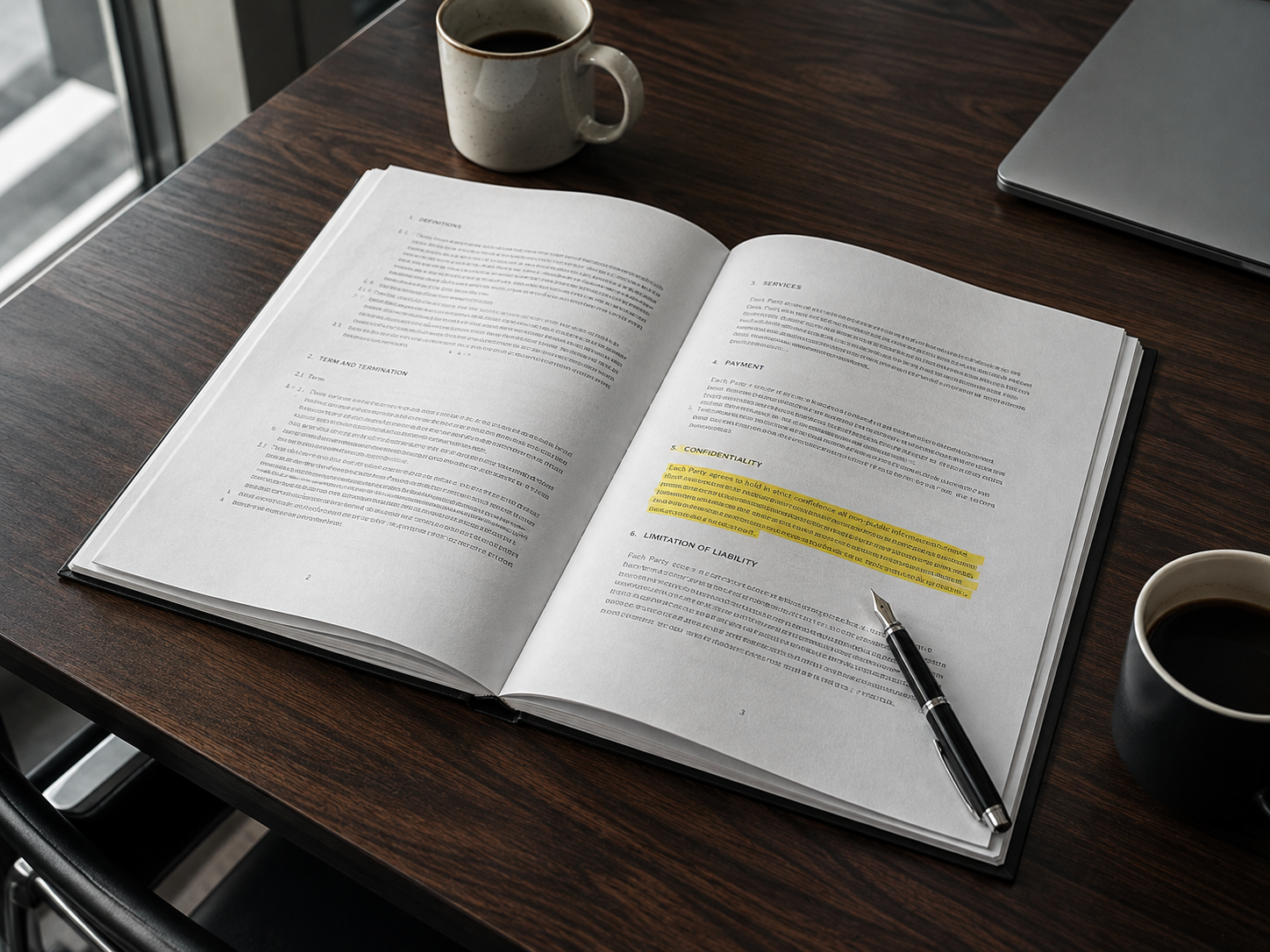 Open contract on a conference table with one paragraph highlighted and a fountain pen beside it