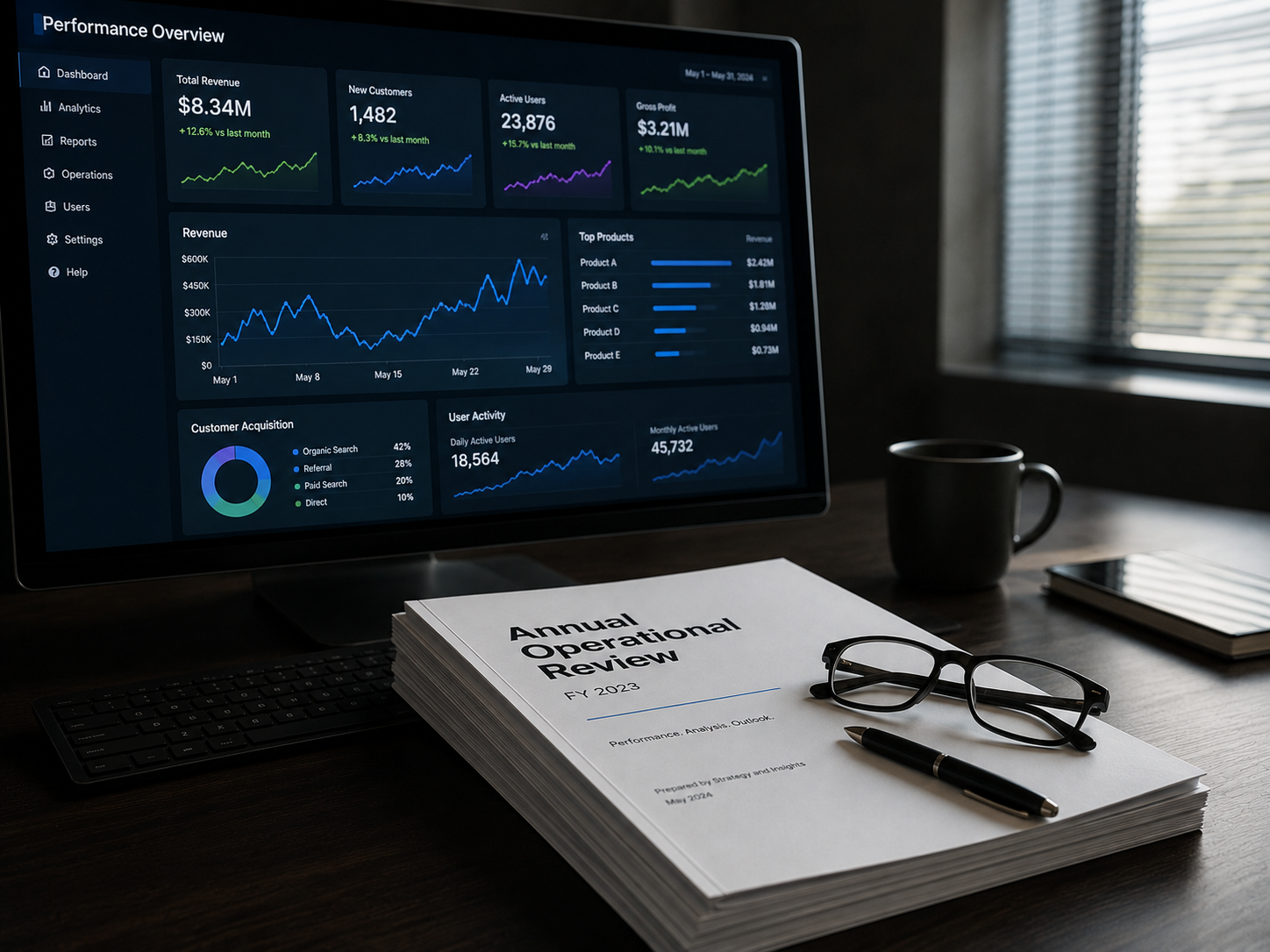 Closed printed report on a desk beside a monitor showing a live dashboard with current figures