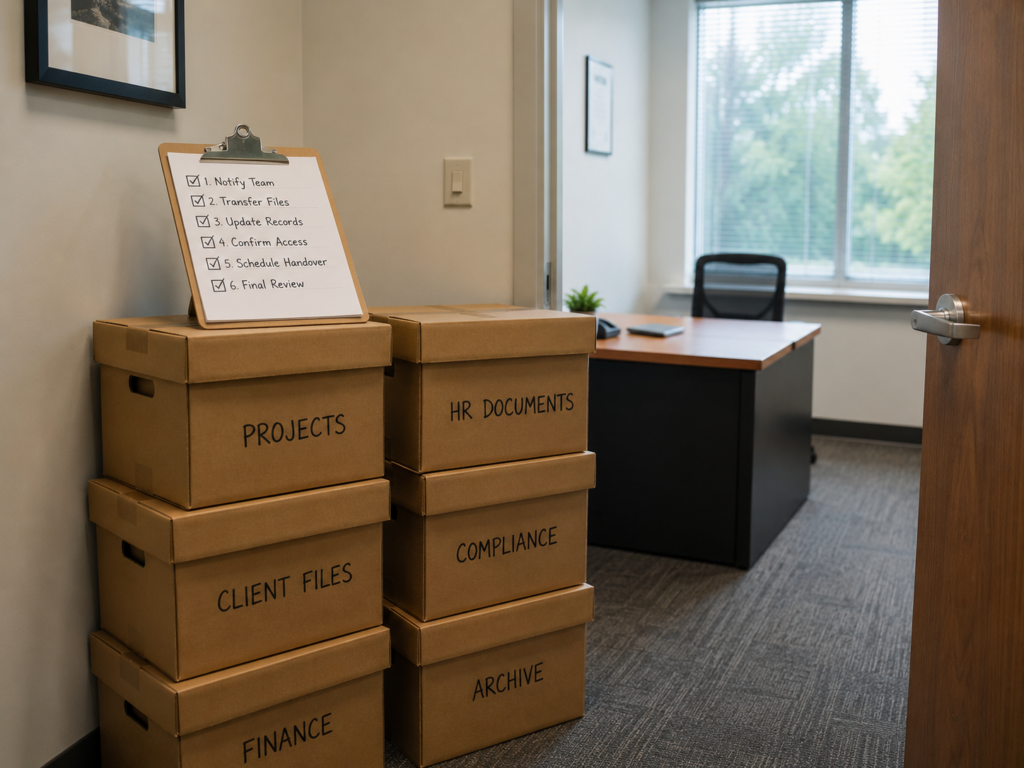 Labelled cardboard boxes stacked by an office door with a clipboard showing a six-line checklist