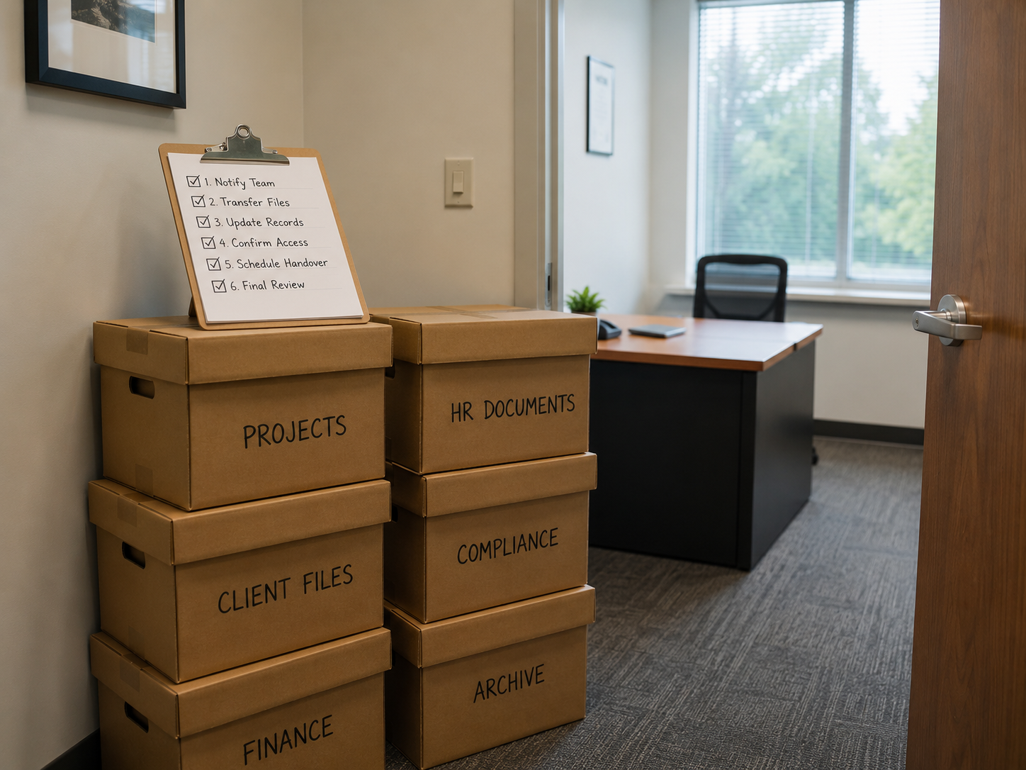 Labelled cardboard boxes stacked by an office door with a clipboard showing a six-line checklist