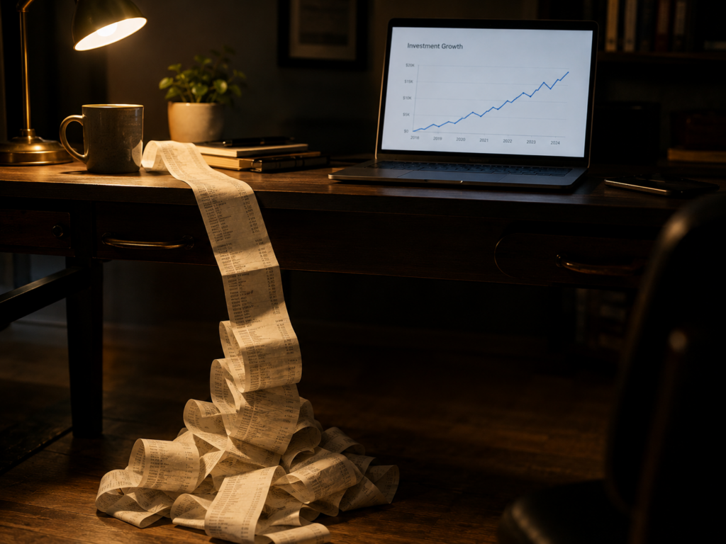Long paper receipt roll unspooling off a desk beneath a laptop showing a line chart
