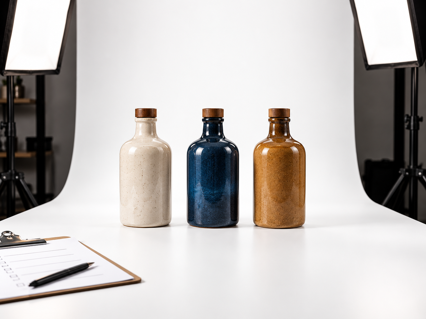 Three ceramic bottles in a row on a seamless white sweep under soft even studio lighting