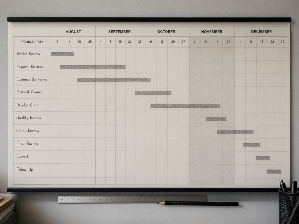 Paper wall planner showing the final months of the year with pencil bars drawn across and one column shaded