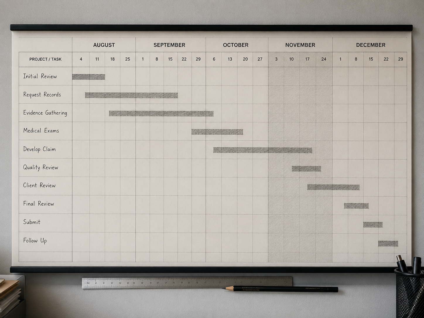Paper wall planner showing the final months of the year with pencil bars drawn across and one column shaded