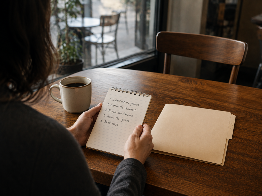 Person holding a notepad with five handwritten lines across a cafe table from an empty chair