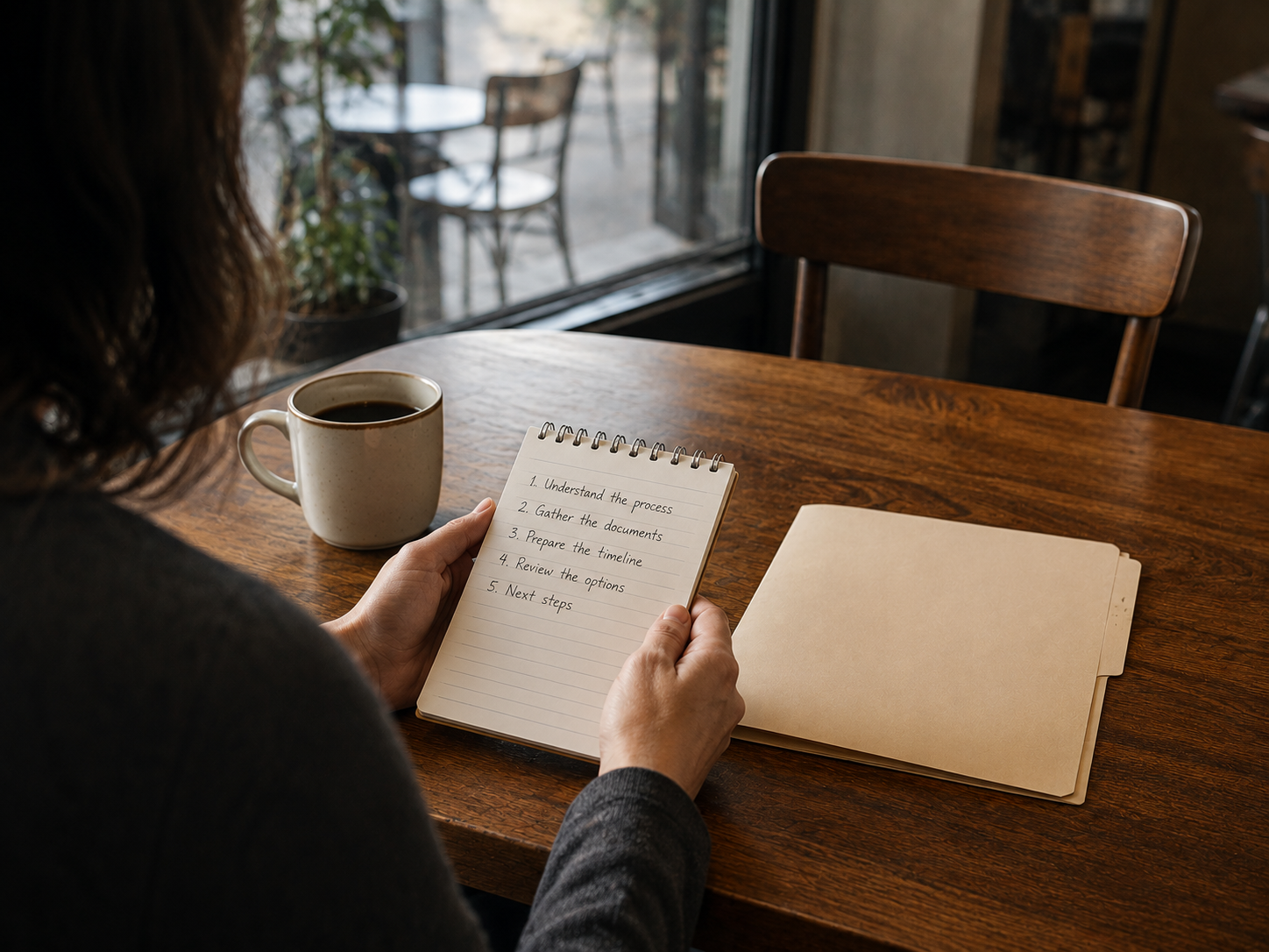 Person holding a notepad with five handwritten lines across a cafe table from an empty chair