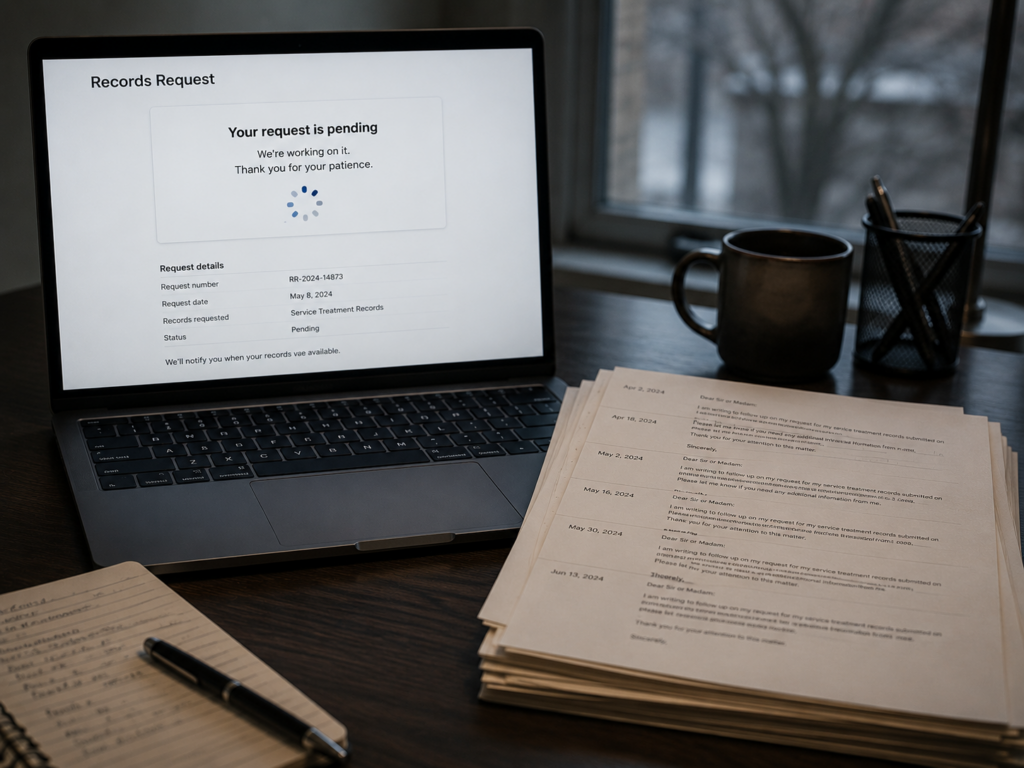 Laptop showing a pending request screen beside a stack of printed correspondence with visible dates