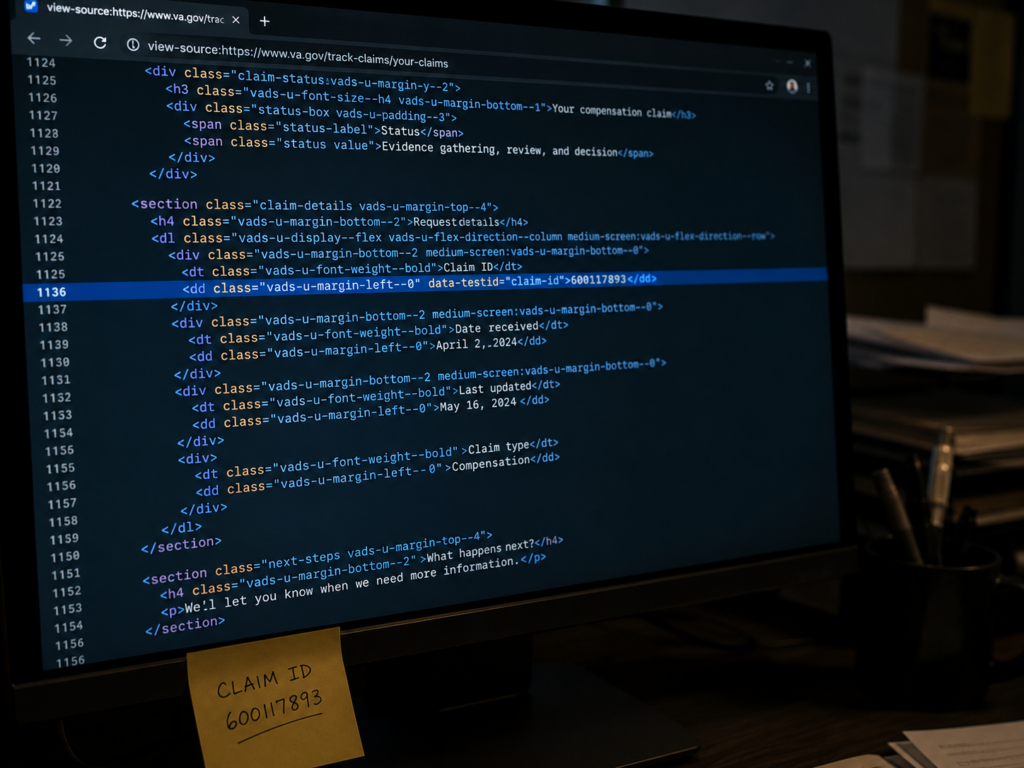 Computer screen showing page source with one line highlighted and a sticky note with an ID on the bezel