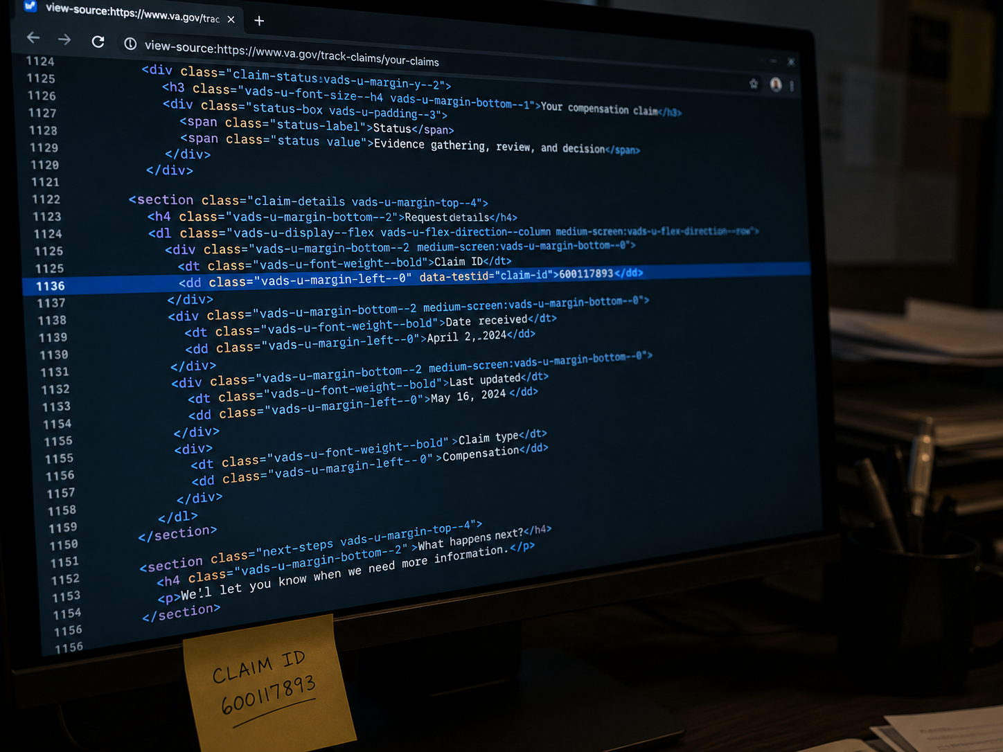 Computer screen showing page source with one line highlighted and a sticky note with an ID on the bezel