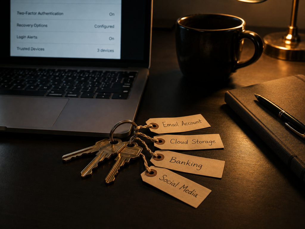 Keyring with four labelled keys on a desk in front of a laptop showing a settings panel