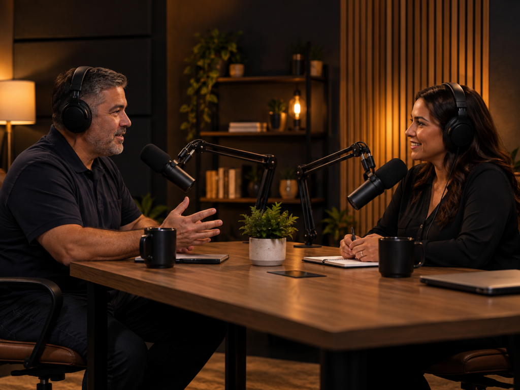 Two people mid-conversation at a podcast table with boom microphones and headphones on a lit set