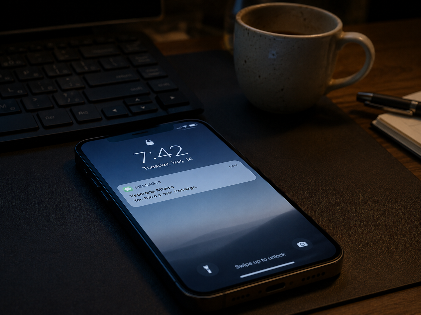 Smartphone face up on a desk showing a single new notification in a dim evening office