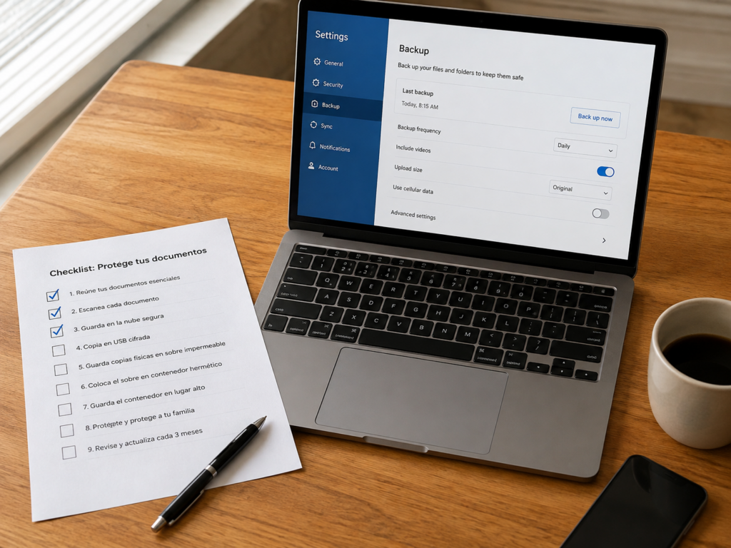 Laptop showing an account settings screen beside a printed nine-item checklist with three items ticked