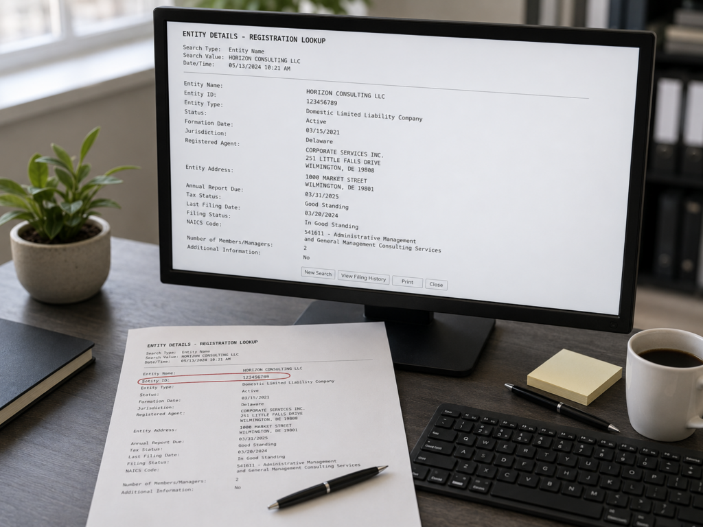 Monitor showing a domain lookup result with a printed copy below and one line circled in red