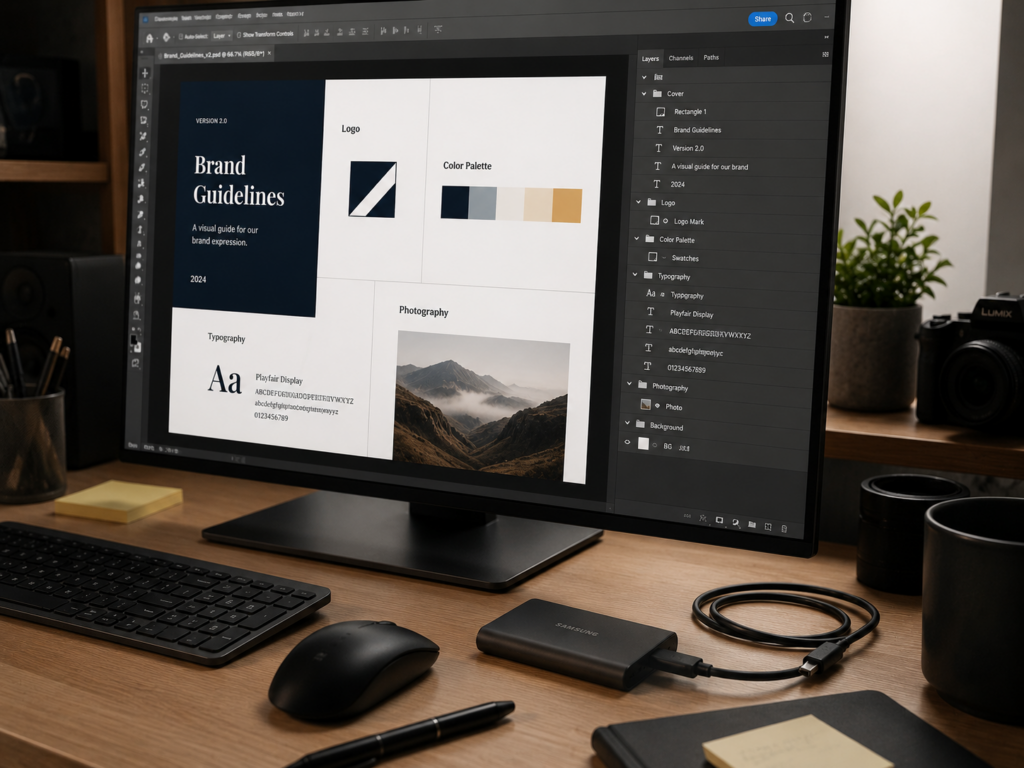 Designer workstation showing a layered design file with an external drive and coiled cable on the desk