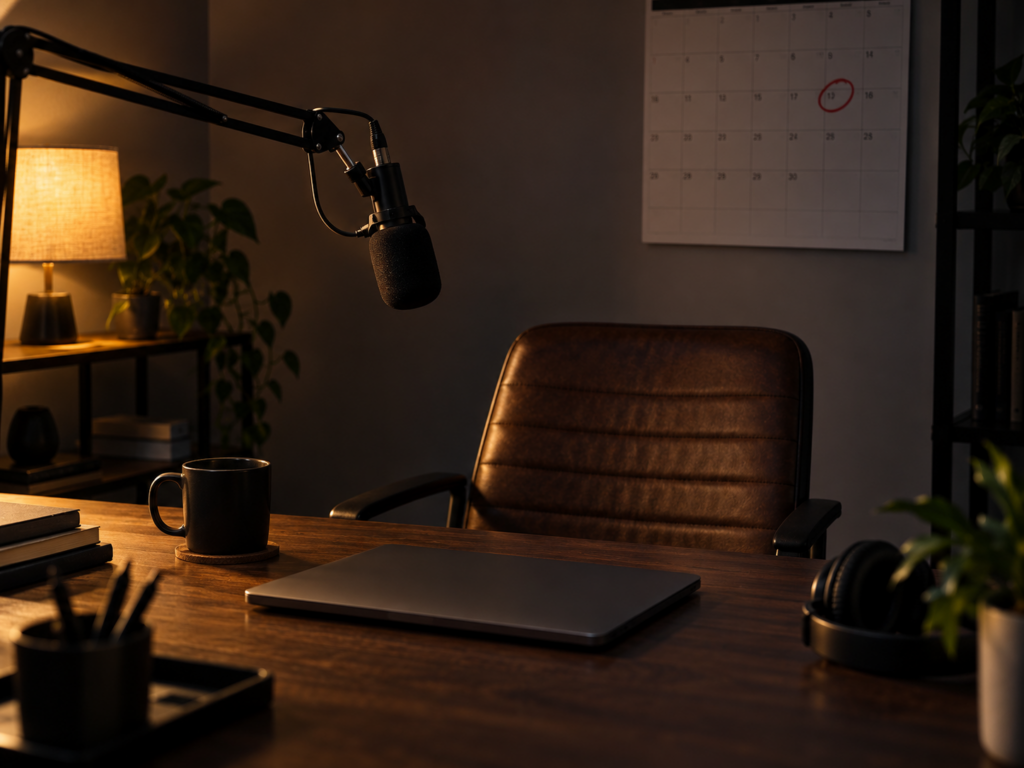 Studio microphone on a boom arm above an empty chair and closed laptop with a wall calendar behind